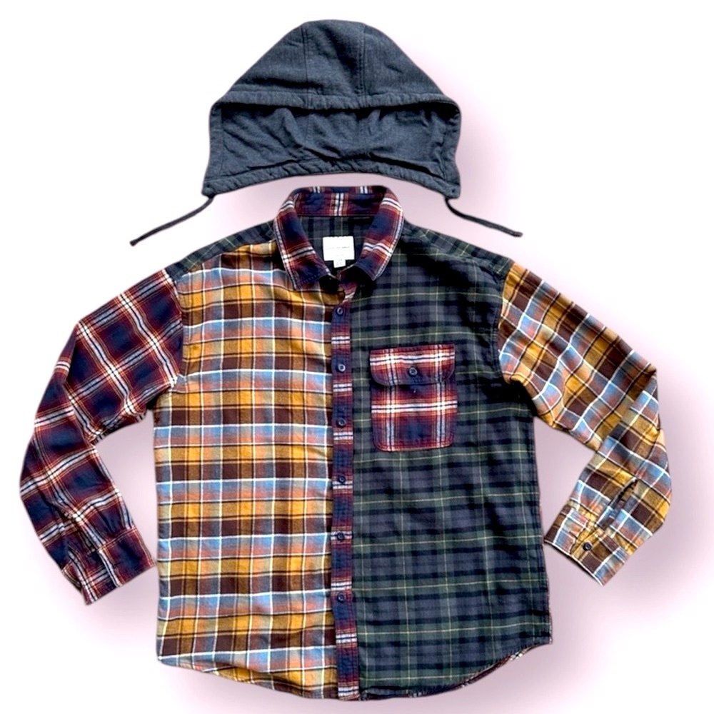 American Eagle Outfitters Men's Hooded Flannel Mismatch Pattern Shirt - Picture 1 of 14